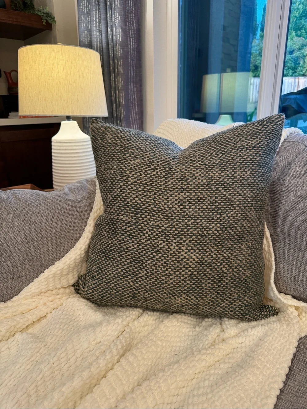 West Elm Two-Tone Chunky Linen Pillow Cover — Dark Green & Cream